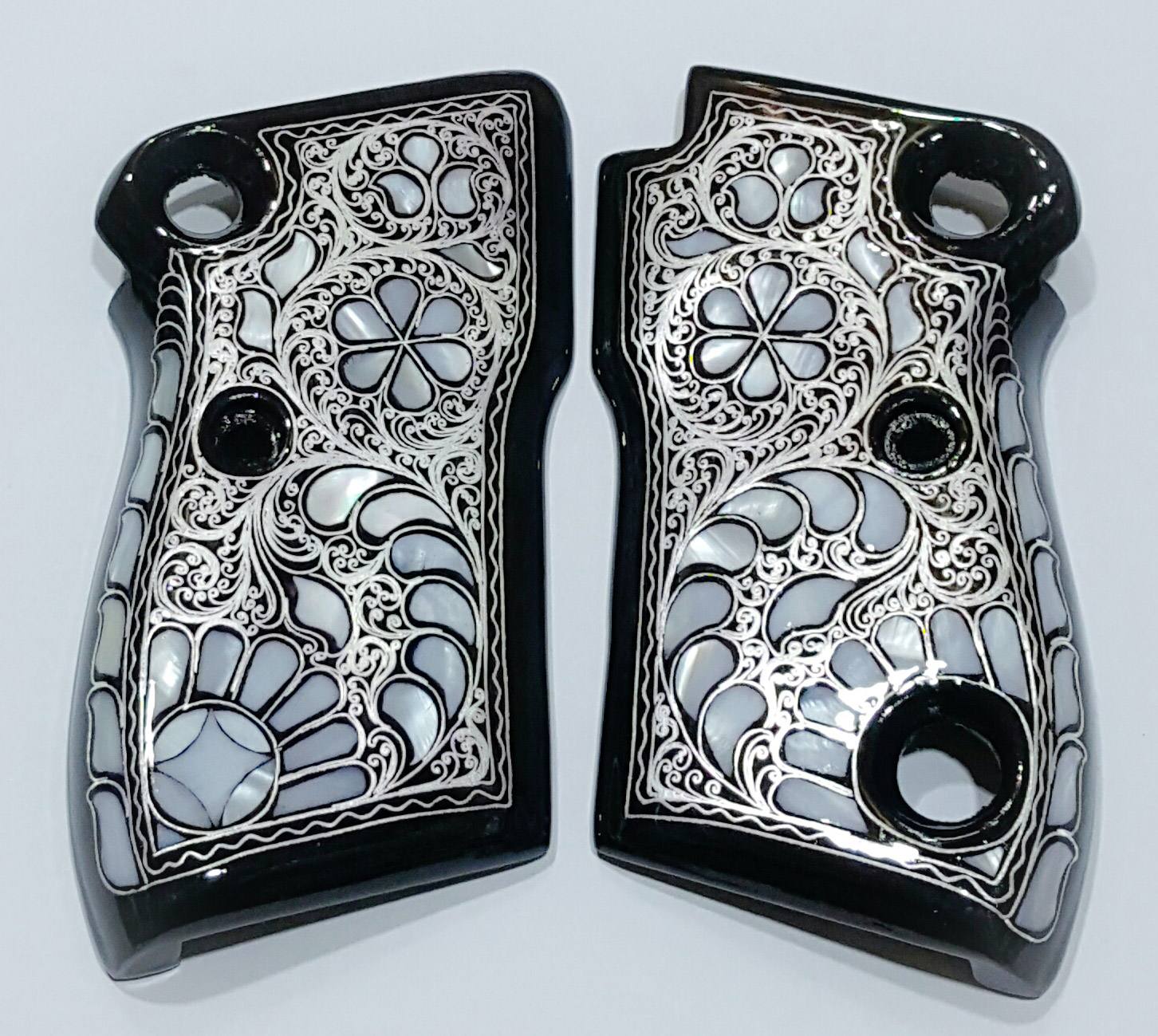 Özel Sedef ve Gümüş İşlemeli 9Lu Beratta Tabanca Kabzesi